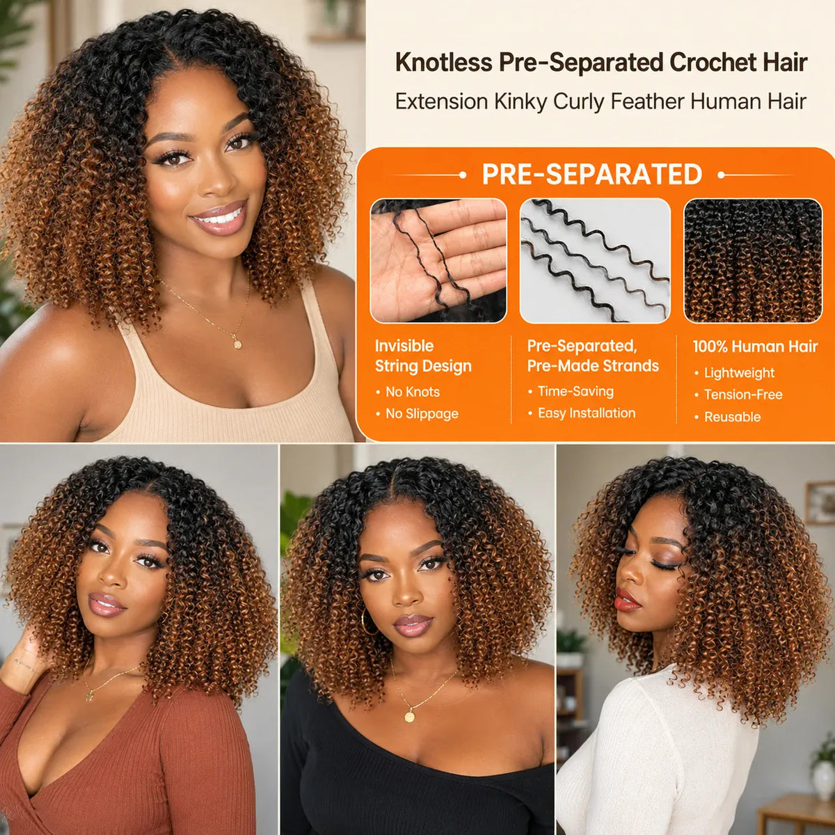 15A T1B/30 TB30 Highlight Kinky Curly Feather Crochet Human Hair Miracle Knots Knotless Pre Separated Pre Looped Small Spirals Deep Curly Human Hair Extensions Invisible Boho Braiding Light Brown Crochet Hair For Women