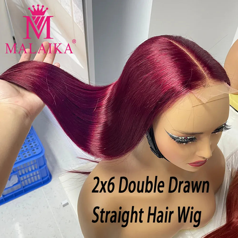 16A Double Drawn Burgundy 2x6 Lace Frontal Bone Straight Human Hair Wig 300% Density Chocolate Brown 2x6 Lace Front Hair Wig