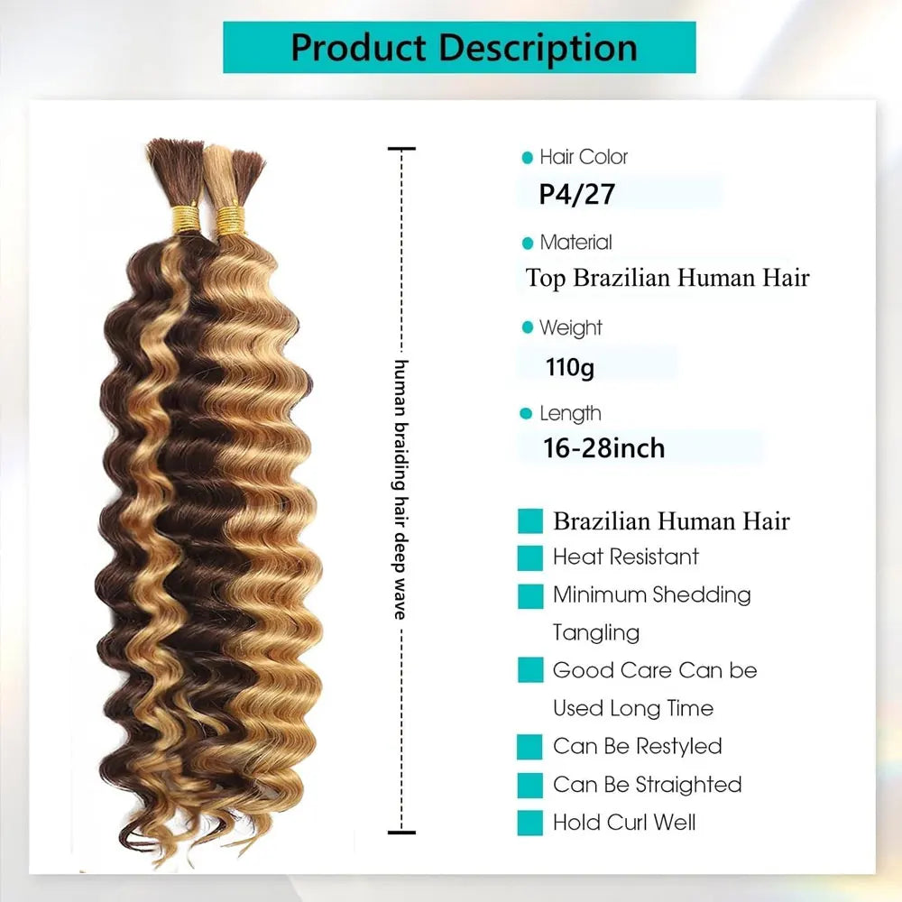 18 Inch-26inch 2 Bundles/Pack Human Braiding Hair For Boho Braids 110g/Pack Deep Wave Boho Hair For Braiding Knotless 12A Curly Bulk Bohemian Unprocessed Brazilian Virgin Hair Extensions Natural Color
