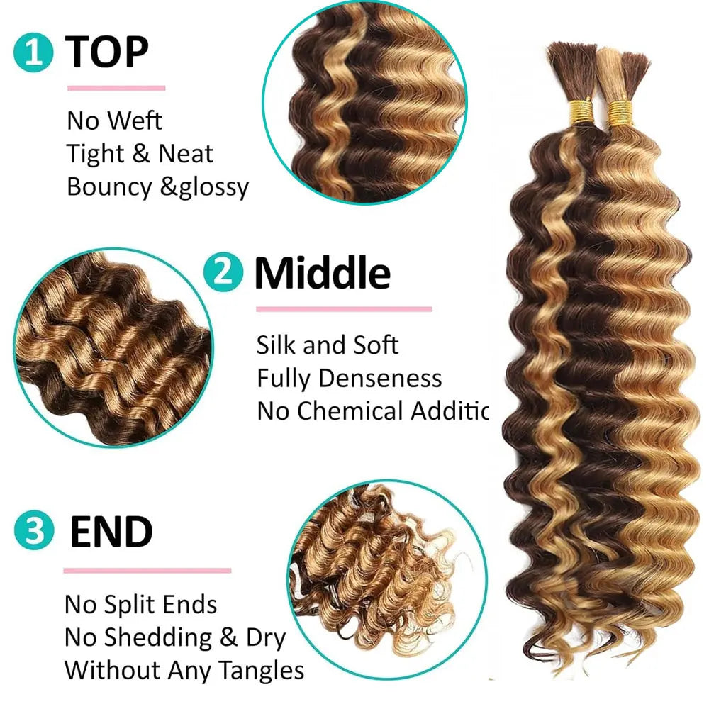 18 Inch-26inch 2 Bundles/Pack Human Braiding Hair For Boho Braids 110g/Pack Deep Wave Boho Hair For Braiding Knotless 12A Curly Bulk Bohemian Unprocessed Brazilian Virgin Hair Extensions Natural Color