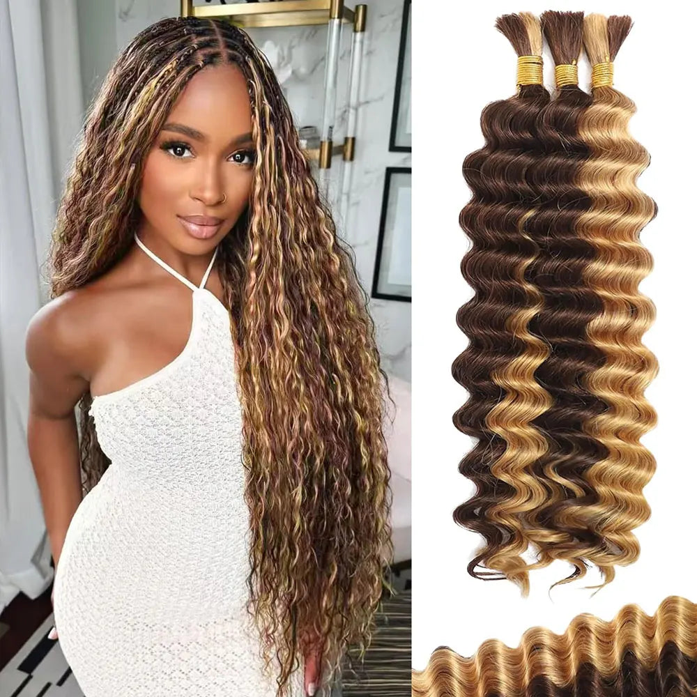 18 Inch-26inch 2 Bundles/Pack Human Braiding Hair For Boho Braids 110g/Pack Deep Wave Boho Hair For Braiding Knotless 12A Curly Bulk Bohemian Unprocessed Brazilian Virgin Hair Extensions Natural Color