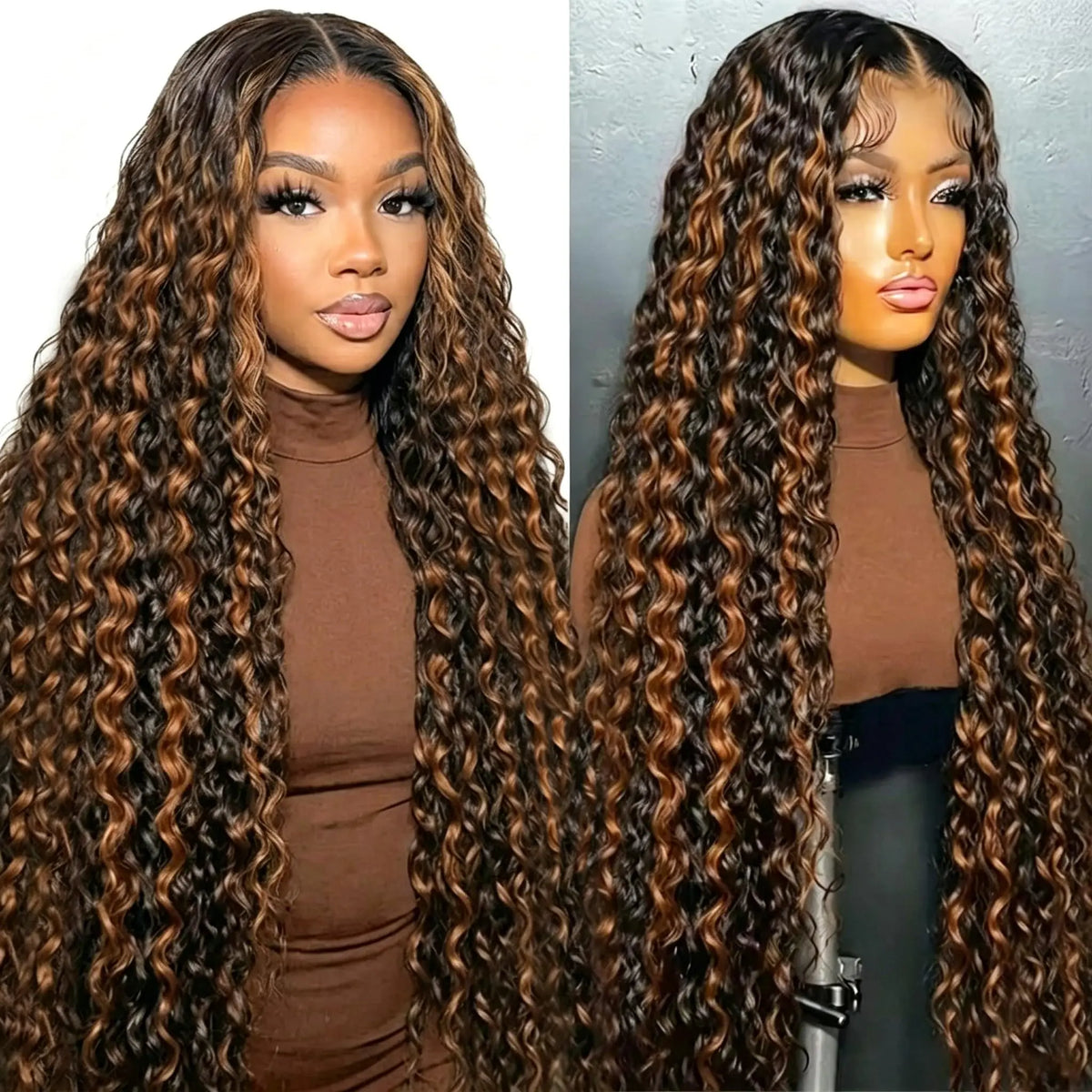 1B/30 Highlighted, Deep Waves, Glue Free Wig with Lace Front, Human Hair, Ready to Wear, Pre Cut Human Hair, Highlighted Curly Human Hair Wig