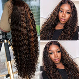 1B/30 Highlighted, Deep Waves, Glue Free Wig with Lace Front, Human Hair, Ready to Wear, Pre Cut Human Hair, Highlighted Curly Human Hair Wig