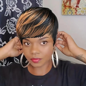 1B/30 Ombre Straight Pixie Human Hair Wig with Bangs, Machine Made, 150% Density