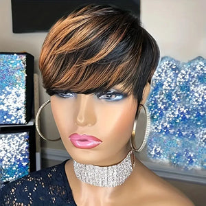 1B/30 Ombre Straight Pixie Human Hair Wig with Bangs, Machine Made, 150% Density