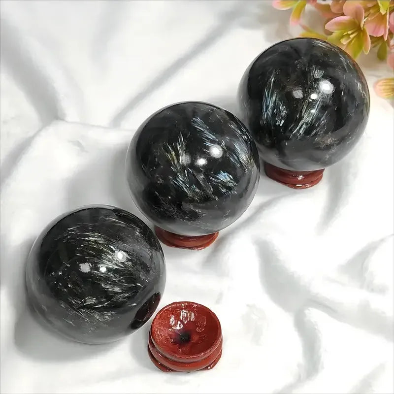 1Pc 0.44-1.1LB Large Astrophyllite Garnet Sphere With Wood Based Stand Crystal Quartz Collection Black Firework Reiki