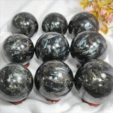 1Pc 0.44-1.1LB Large Astrophyllite Garnet Sphere With Wood Based Stand Crystal Quartz Collection Black Firework Reiki
