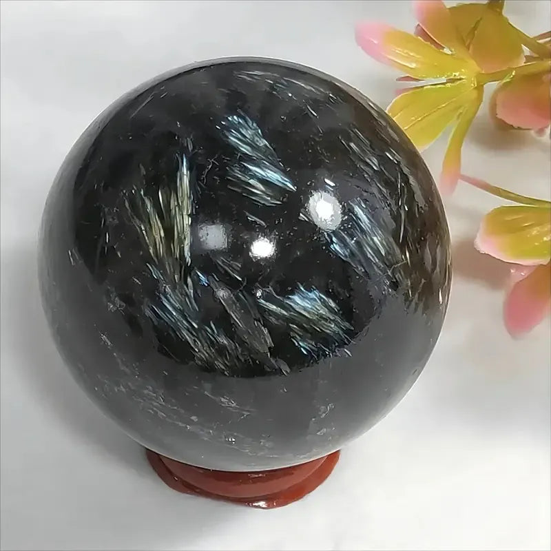 1Pc 0.44-1.1LB Large Astrophyllite Garnet Sphere With Wood Based Stand Crystal Quartz Collection Black Firework Reiki