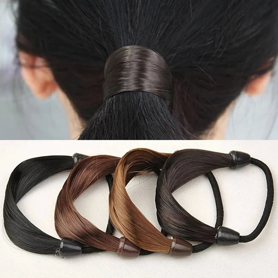 1Pc Brown Black Rubber Band Simulation Wig Hair Ring Straight Hair Tie Rope Ponytail Elastic Hair Bands Hair Accessories Girl