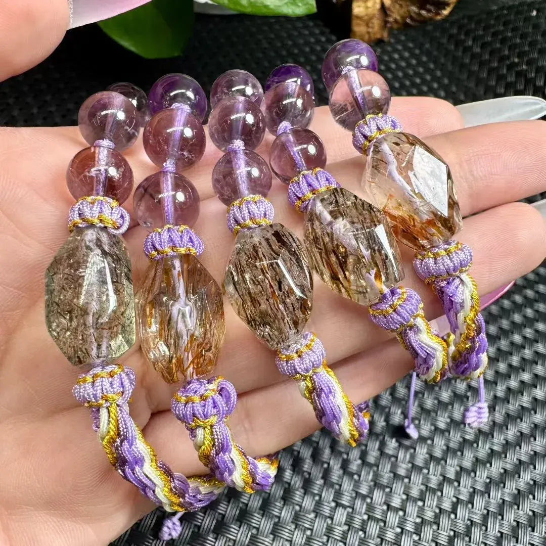 1Pc Natural Black Gold Rutilated Quartz Hand-knitted Bracelet Irregular Shape Reiki Healing Stone Jewelry Gift For Women