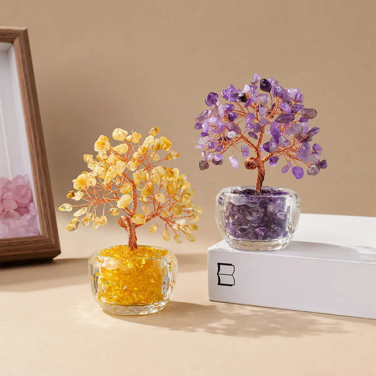 1pc Natural Crystal Money Tree Ornament Feng Shui Wealth Tree with Gemstone Abundance Bowl for Home Office Decoration