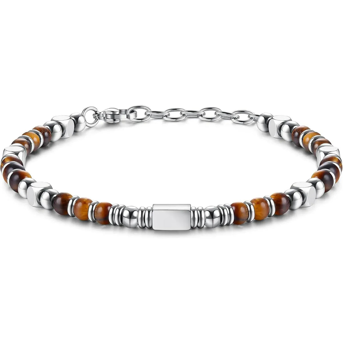 1PC Stainless Steel Fossil Obsidian Tiger's Eye Turquoise Pearl Beaded Bracelet for Men Women Natural Gemstone Stackable Healing Body Jewelry Daily Wear Meditation Party Holiday Best Friend Birthday Anniversary Gift Fashion A