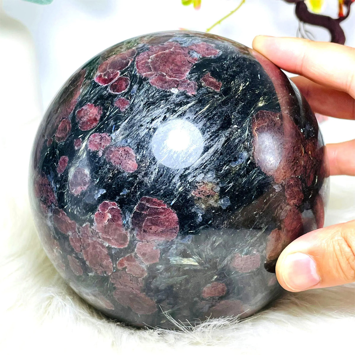 1pc Super Large Astrophyllite Garnet Crystal Ball, 4.3-5.1" Big Crystal Stone Sphere Crystals for Home Decor
