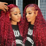 200% 13x4 Curly 99J Burgundy Lace Front Drawstring Glueless Wig Wine Red 30 36Inch Deep Water Wave Lace Frontal Human Hair Wigs