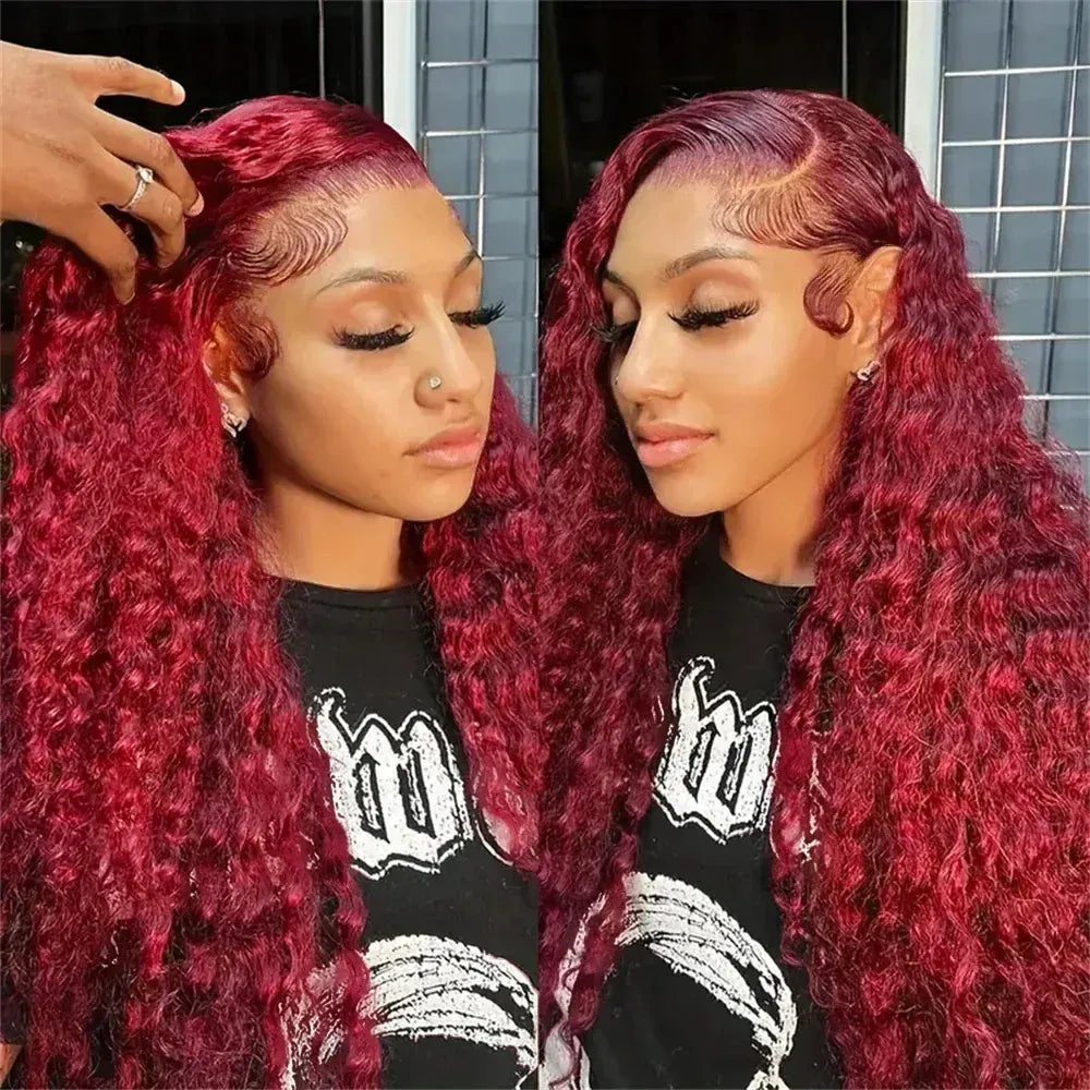 200% 13x4 Curly 99J Burgundy Lace Front Drawstring Glueless Wig Wine Red 30 36Inch Deep Water Wave Lace Frontal Human Hair Wigs