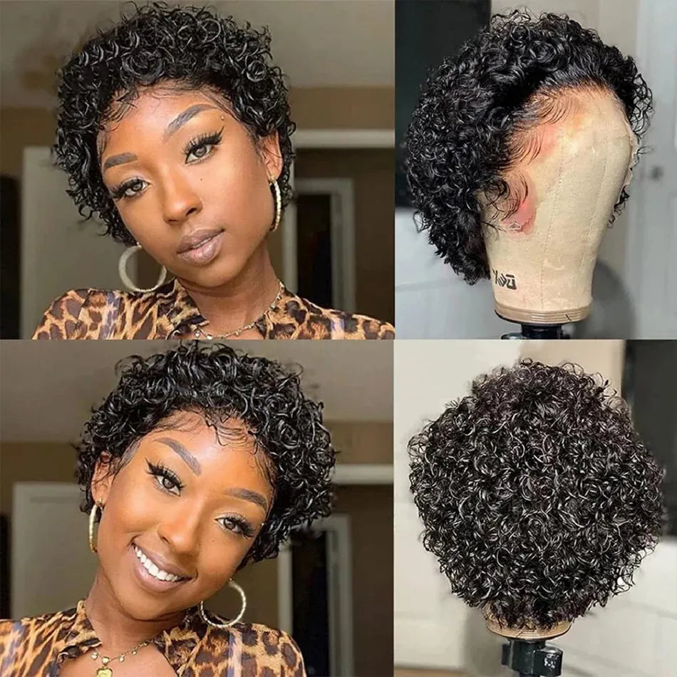 200% Pixie Cut Wigs Human Hair Short Curly Lace Front Human Hair Wigs For Women Water Wave Bob Wig 13x1 Transparent Lace Wigs