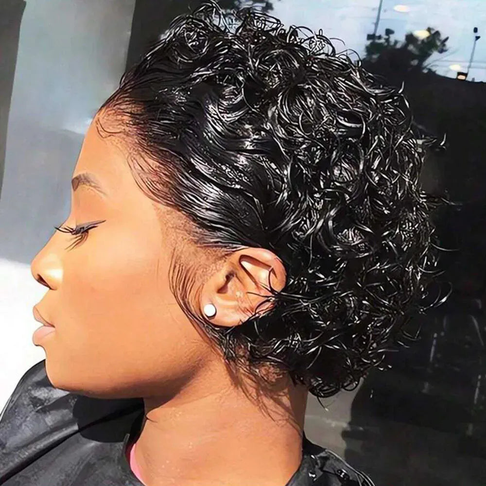 200% Pixie Cut Wigs Human Hair Short Curly Lace Front Human Hair Wigs For Women Water Wave Bob Wig 13x1 Transparent Lace Wigs