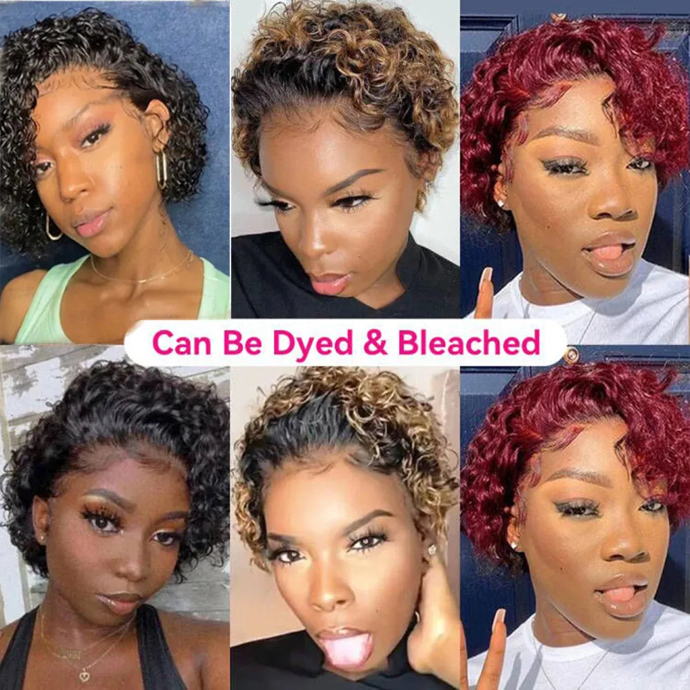 200% Pixie Cut Wigs Human Hair Short Curly Lace Front Human Hair Wigs For Women Water Wave Bob Wig 13x1 Transparent Lace Wigs