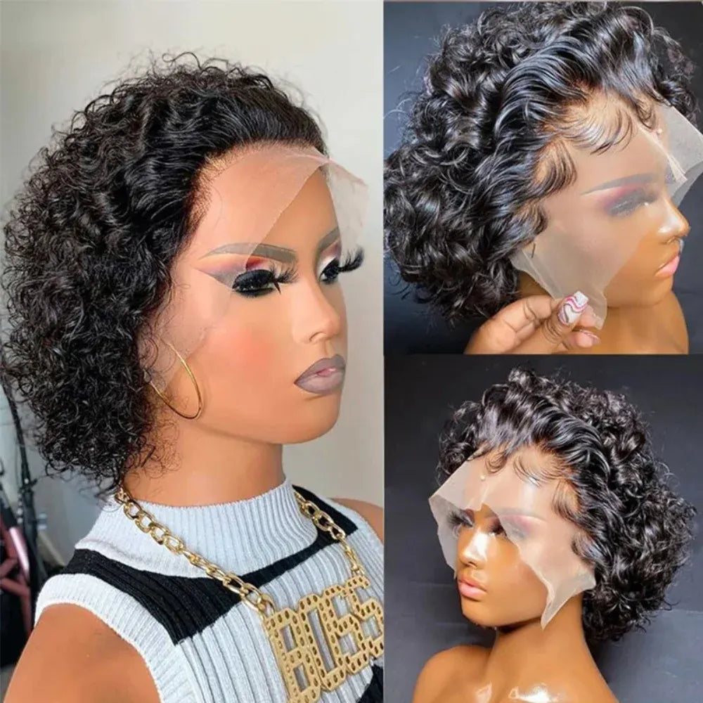 200% Pixie Cut Wigs Human Hair Short Curly Lace Front Human Hair Wigs For Women Water Wave Bob Wig 13x1 Transparent Lace Wigs