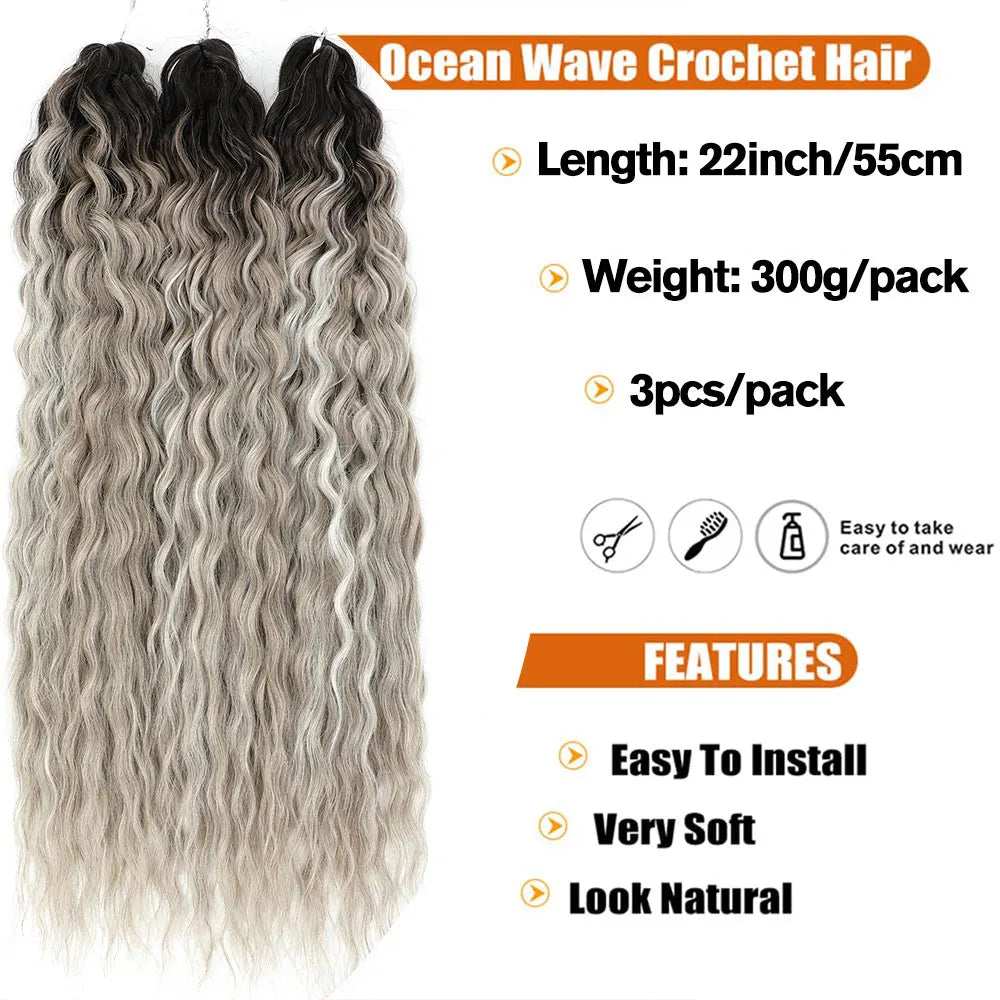 22" 300g Curl Crochet Hair Ombre Grey Orange Blonde Synthetic Water Wave Twist Crochet Hair Afro Curls Braiding Hair Extension