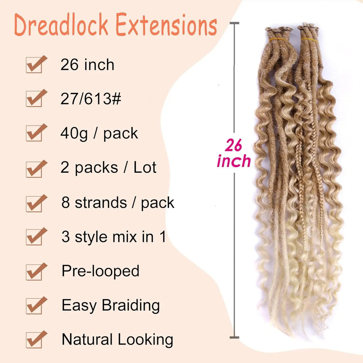 24 Inch Synthetic 16Strands/Lot SE Dreadlocs Braids Hair Extensions, 3 In 1 Mixed Hippie Style Single End Dreadslocks for Women