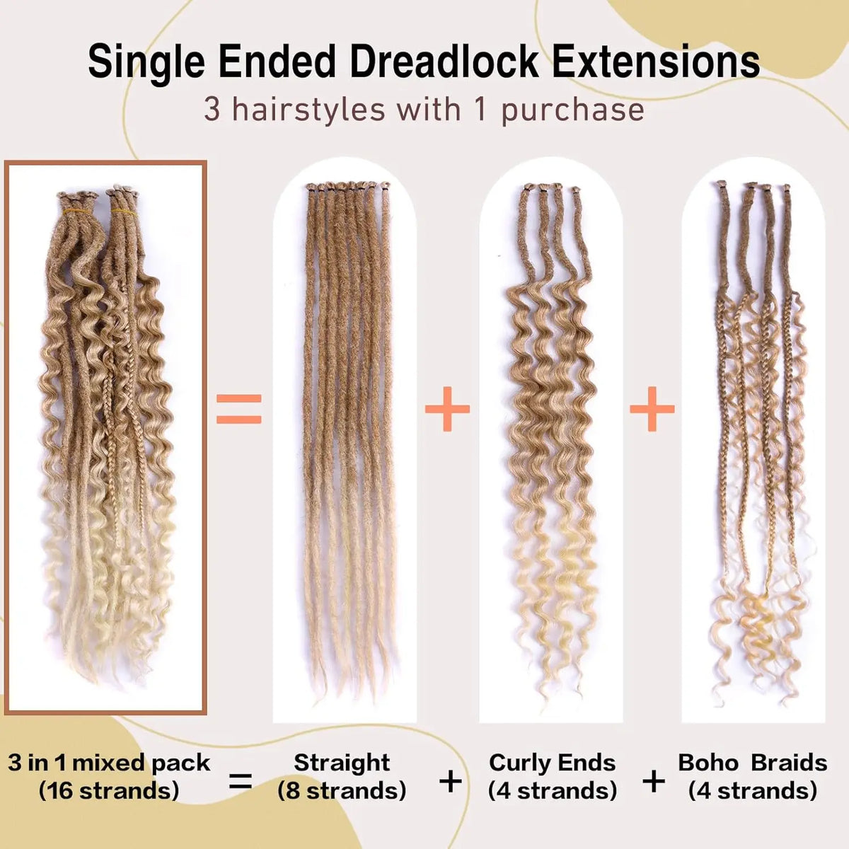 24 Inch Synthetic 16Strands/Lot SE Dreadlocs Braids Hair Extensions, 3 In 1 Mixed Hippie Style Single End Dreadslocks for Women