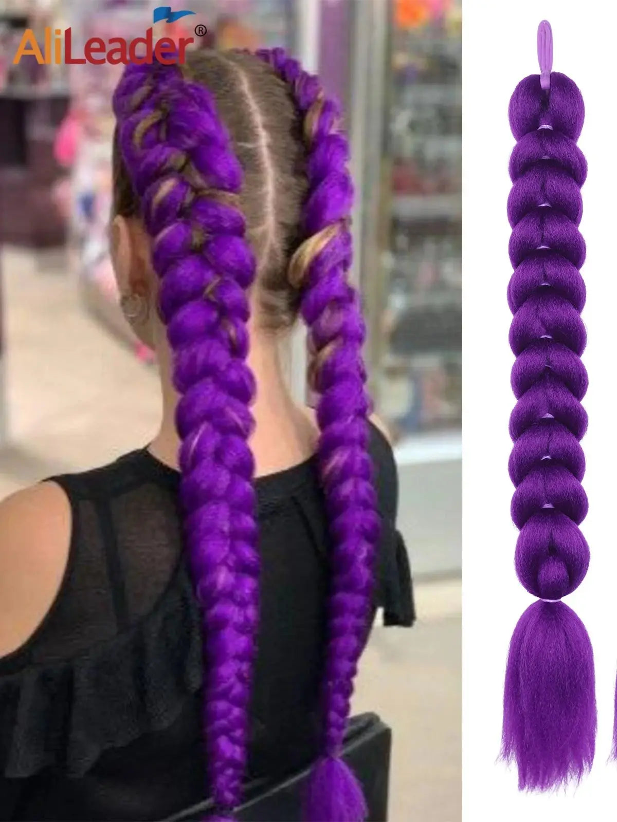 24Inch Diy Synthetic Braiding Hair Extensions Purple Braids Ponytail With Rubber Band Easy Clip In Ponytail For Cosplay Hallowee