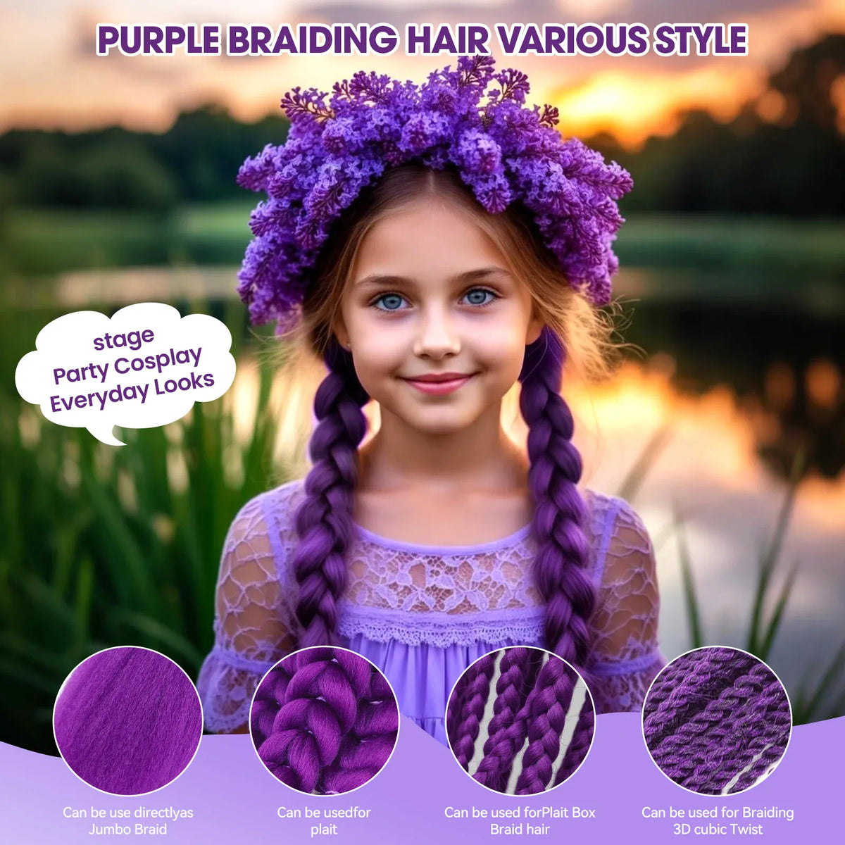24Inch Diy Synthetic Braiding Hair Extensions Purple Braids Ponytail With Rubber Band Easy Clip In Ponytail For Cosplay Hallowee