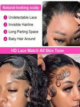 250% density HD lace front human hair wig with deep curly waves, pre-plucked transparent lace and baby hairs