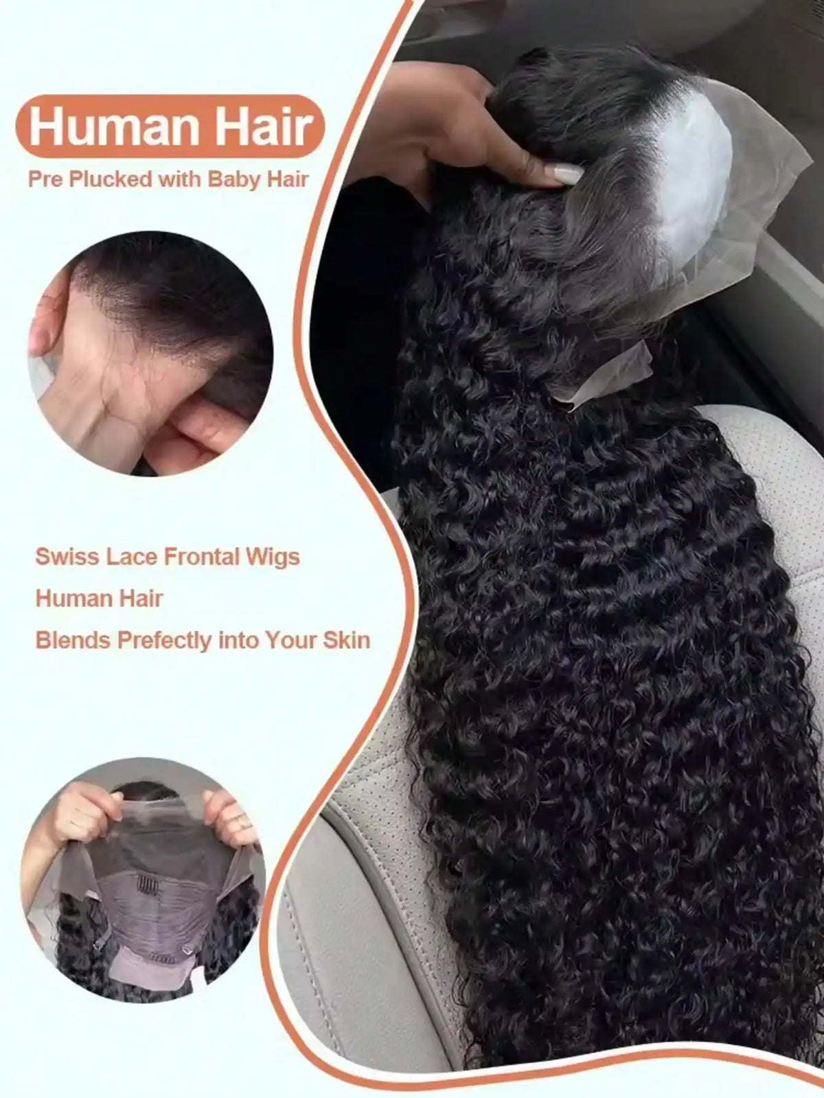 250% density HD lace front human hair wig with deep curly waves, pre-plucked transparent lace and baby hair