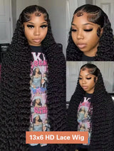 250% density HD lace front human hair wig with deep curly waves, pre-plucked transparent lace and baby hair