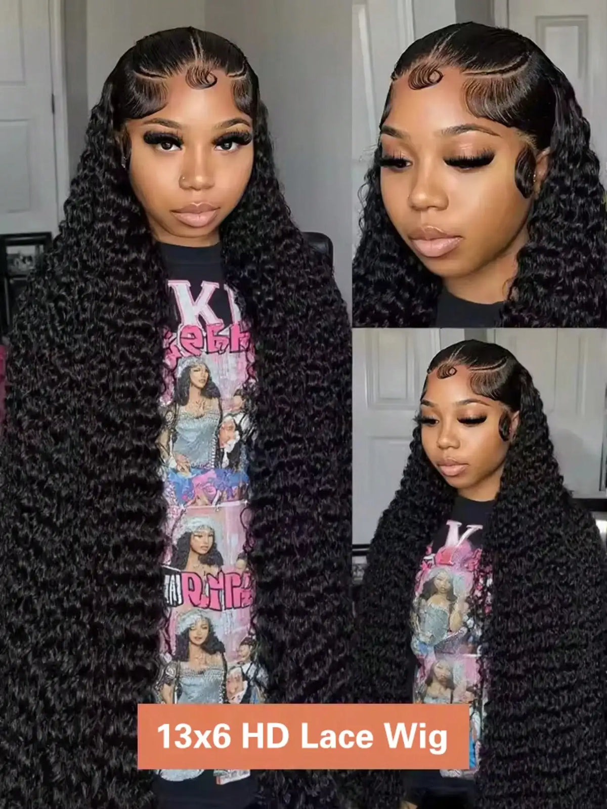 250% density HD lace front human hair wig with deep curly waves, pre-plucked transparent lace and baby hair
