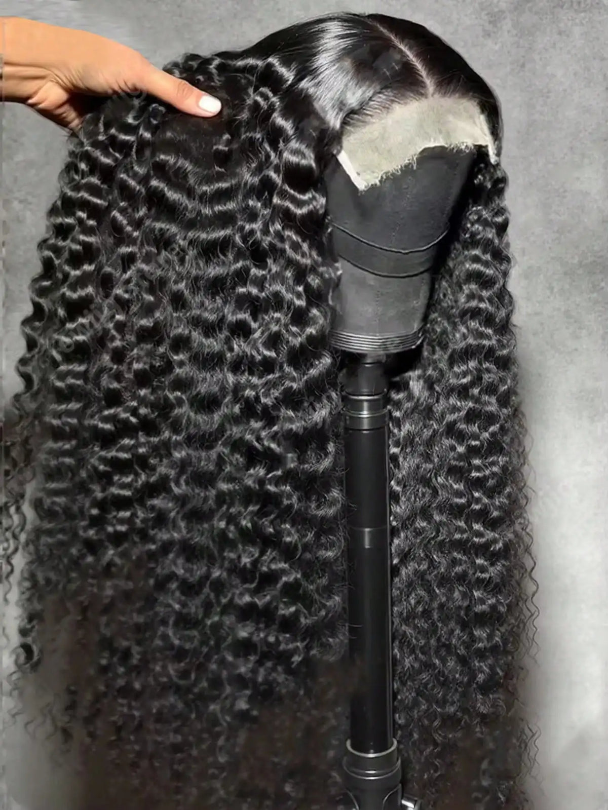 HSF 250% density HD lace front human hair wig with deep curly waves, pre-plucked hairline and baby hairs