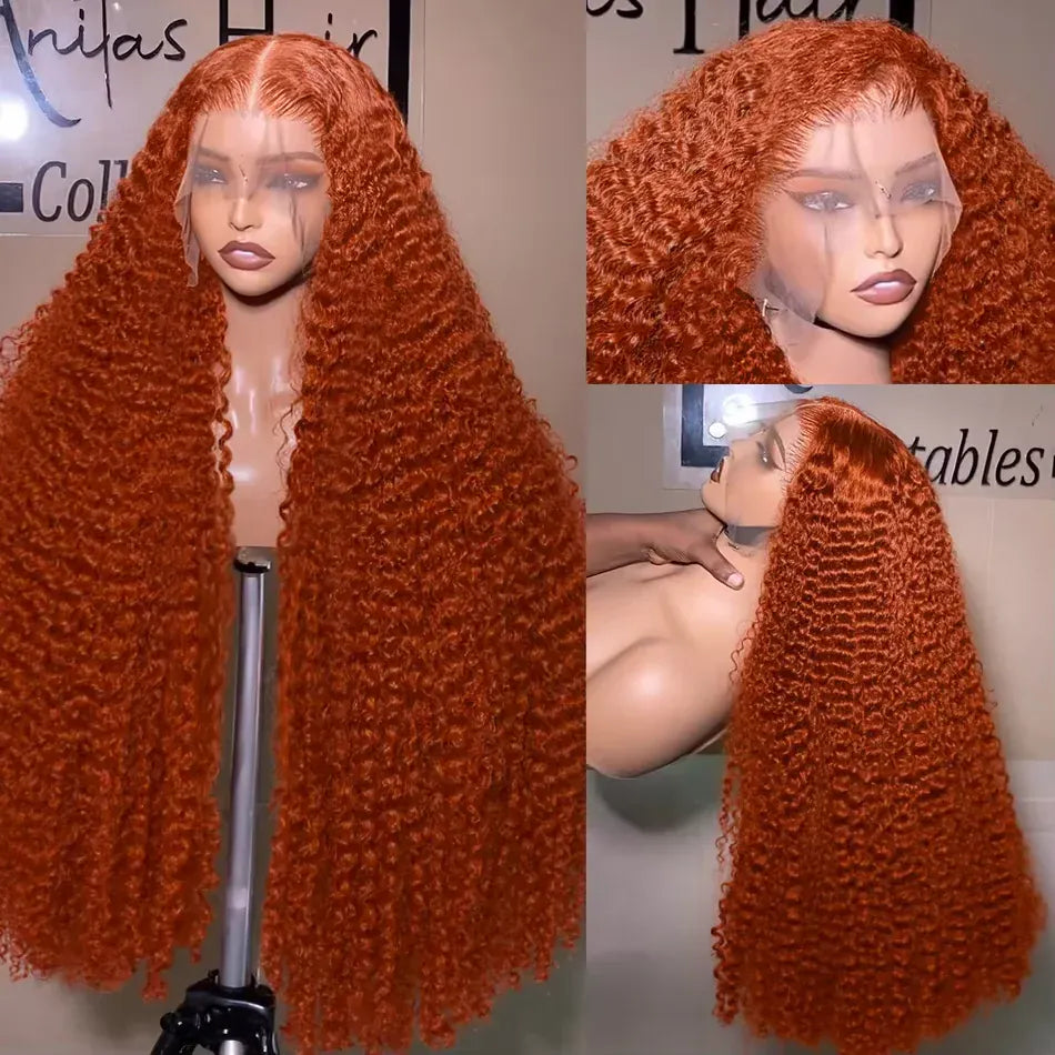 250% Density 30 36 Inch Ginger Orange Curly Human Hair Wig 350 Colored Deep Wave 13x4 13x6 HD Lace Frontal Human Hair Wig