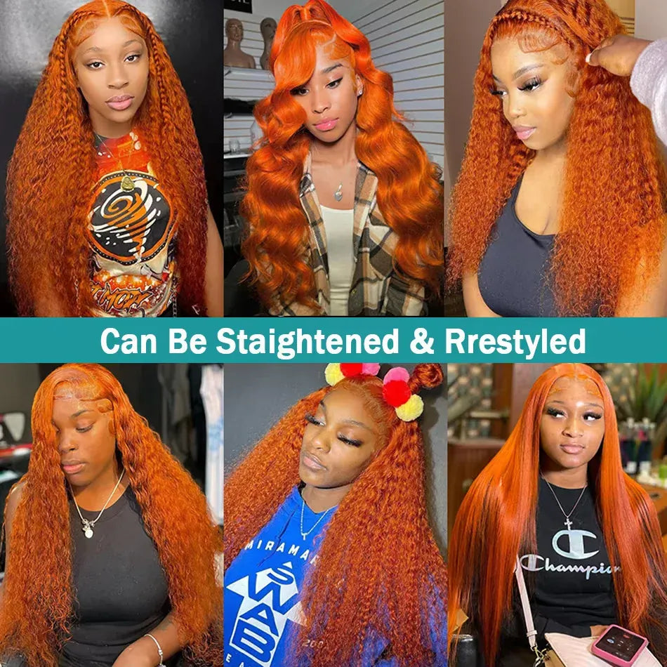 250% Density 30 36 Inch Ginger Orange Curly Human Hair Wig 350 Colored Deep Wave 13x4 13x6 HD Lace Frontal Human Hair Wig