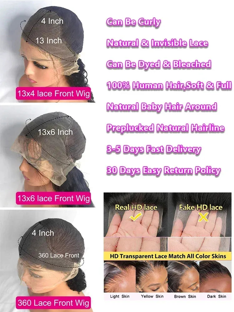 250 Density 30 40 46 Inch Bone Straight 100% Human Hair 360 Lace Front Wig Black 13x6 13x4 HD Lace Frontal Wigs Pre Plucked