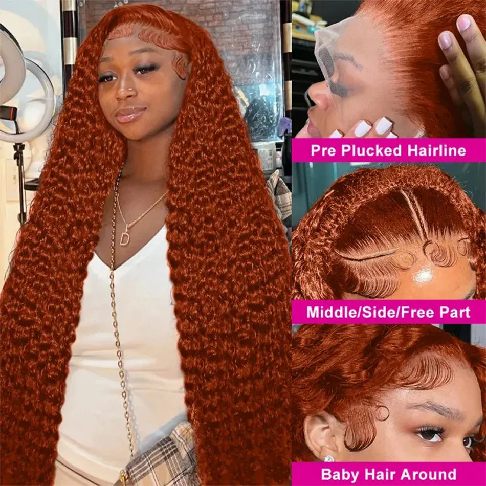 250 Density 350 Orange Ginger Curly Human Hair Wig with 13x6 HD Lace Frontal, Deep Water Wave, Brazilian Water Wave for women