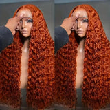 Brazilian 250-density orange ginger curly human hair wig with 13x6 HD lace frontal and deep water wave style for women.