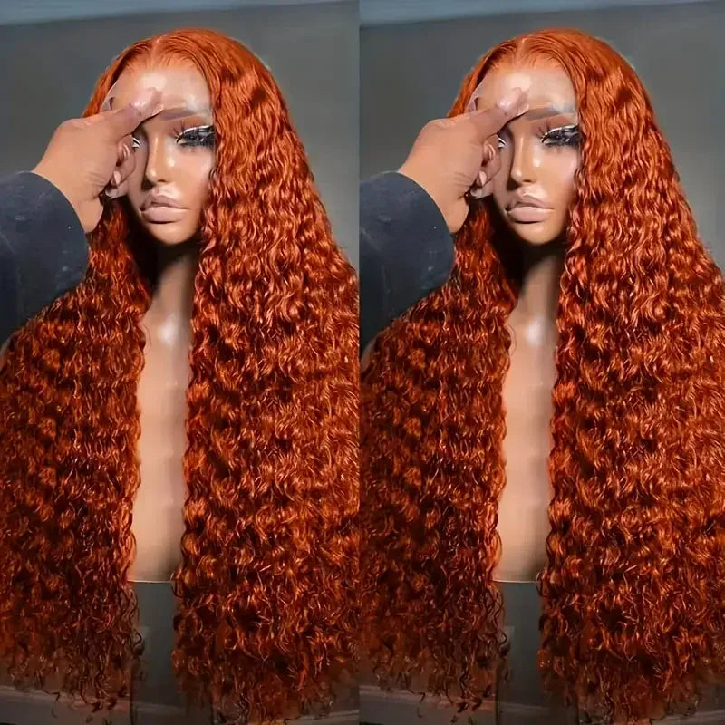 Brazilian 250-density orange ginger curly human hair wig with 13x6 HD lace frontal and deep water wave style for women.