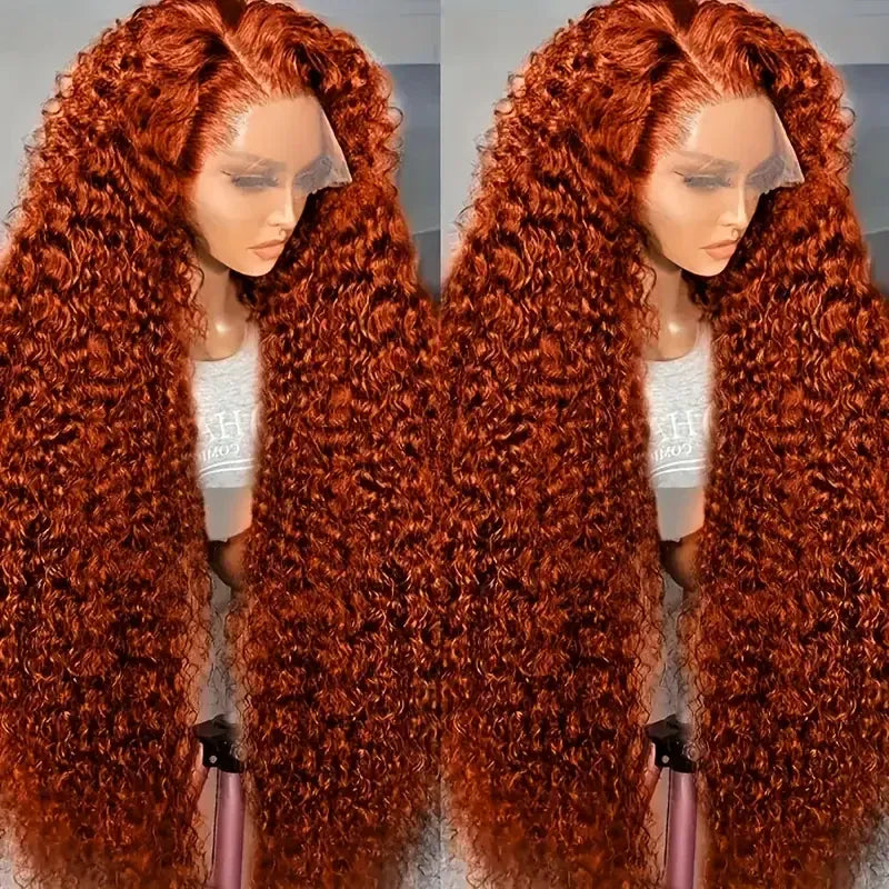 250 Density orange ginger curly human hair wig with 13x6 HD lace frontal, deep wave Brazilian water wave for women.