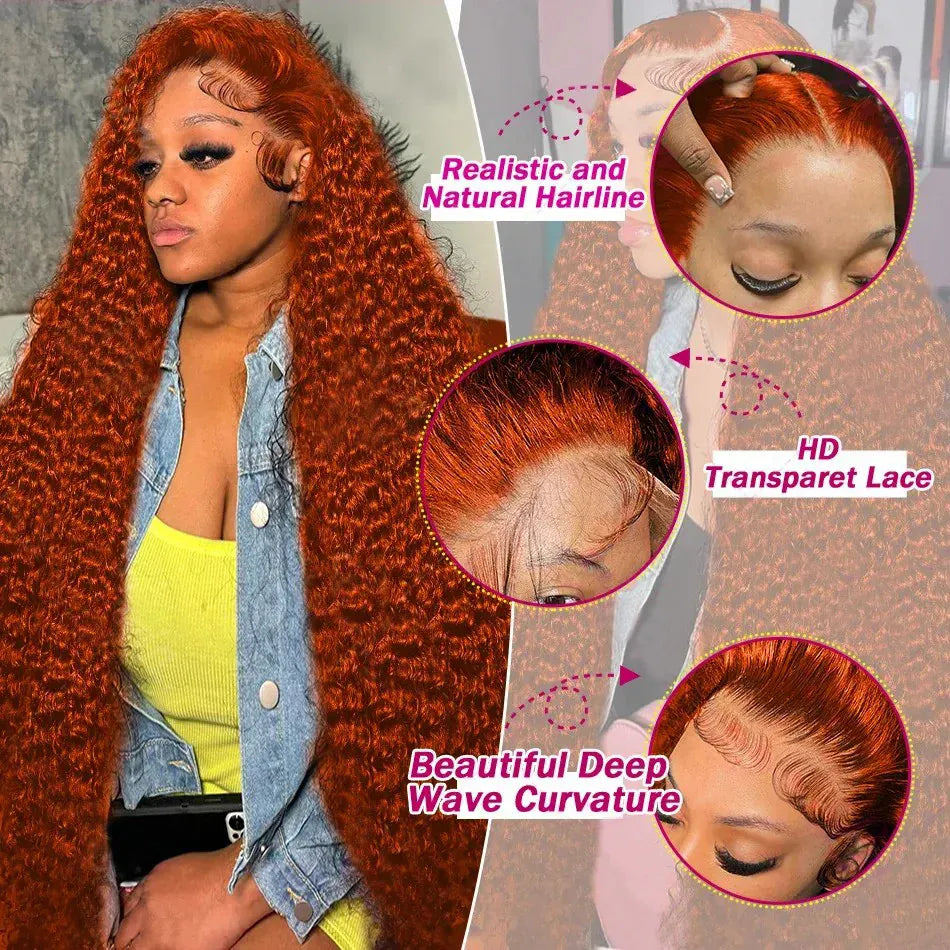 250-density orange ginger curly human hair wig with 13x6 lace frontal, deep wave Brazilian water wave for women.