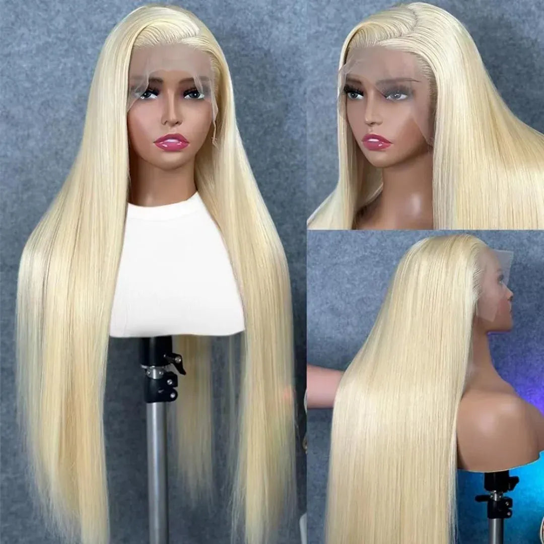 250% density blonde bone-straight human hair wig with natural hairline and lace front for women