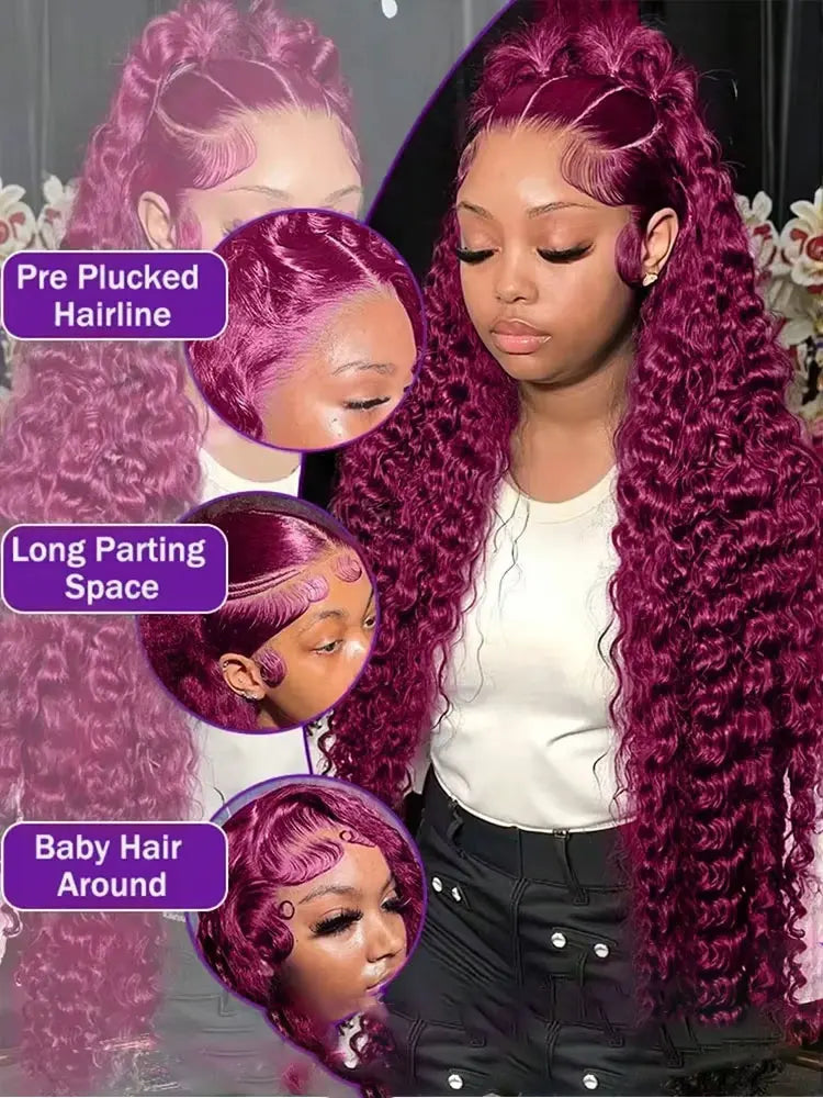250% Density Burgundy 13x4 HD Lace Frontal Human Hair Wig 99j Water Wave Deep Wave Colored Wigs Brazilian Human Hair  Lace Wigs