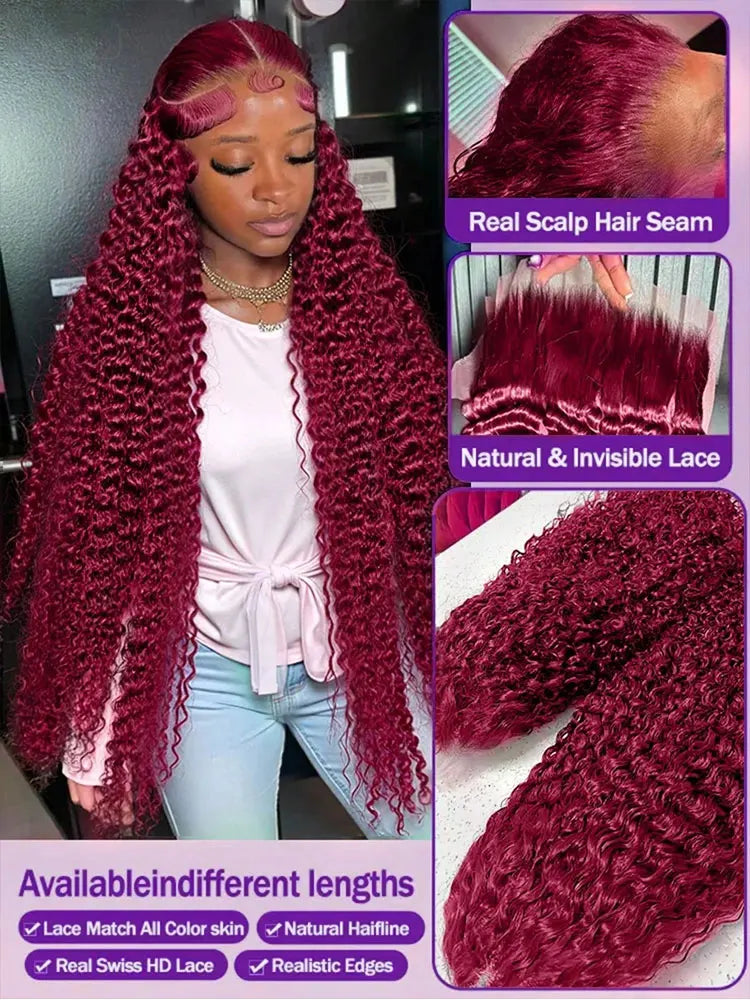250% Density Burgundy 13x4 HD Lace Frontal Human Hair Wig 99j Water Wave Deep Wave Colored Wigs Brazilian Human Hair  Lace Wigs
