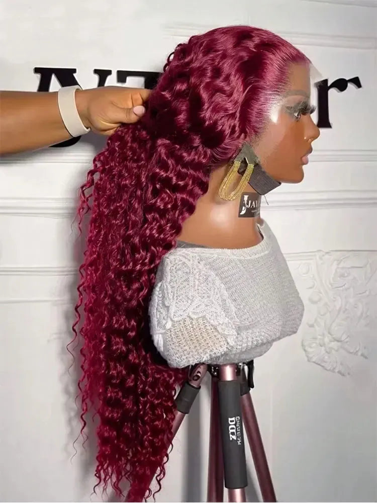 250% Density Burgundy 13x4 HD Lace Frontal Human Hair Wig 99j Water Wave Deep Wave Colored Wigs Brazilian Human Hair  Lace Wigs