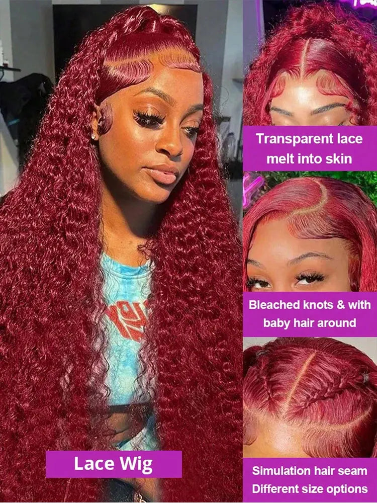 250% Density Burgundy 13x4 HD Lace Frontal Human Hair Wig 99j Water Wave Deep Wave Colored Wigs Brazilian Human Hair  Lace Wigs