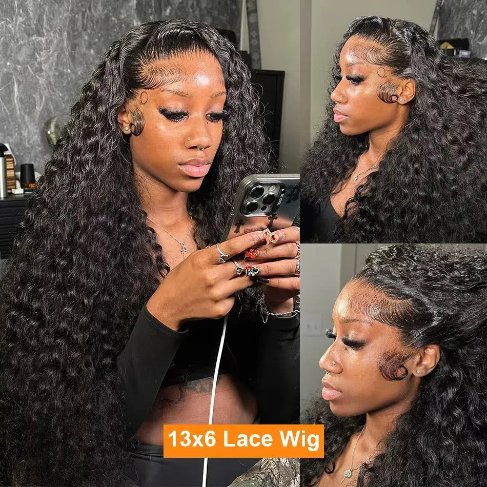 250 Density Deep Wave 40 Inch 13x6 13x4  HD Lace Front Wig 100%Human Hair Wig Water Wave Curly 360 Full Lace Front Wig Black