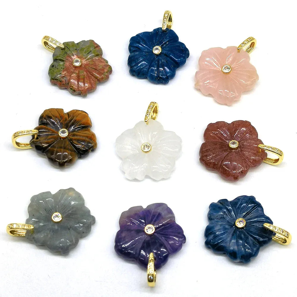 26mm Flower Shape Carved Natural Crystal Stones Amethyst Rose Quartz Tiger Eye Gemstone for Diy Necklace Pendant