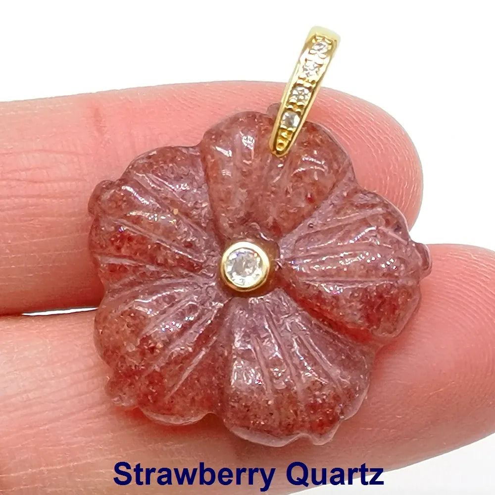 26mm Flower Shape Carved Natural Crystal Stones Amethyst Rose Quartz Tiger Eye Gemstone for Diy Necklace Pendant