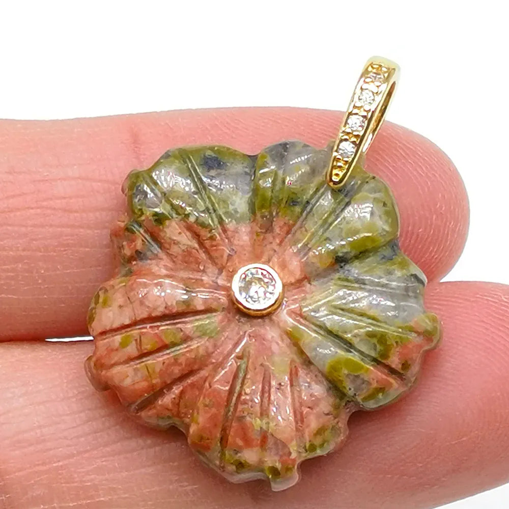 26mm Flower Shape Carved Natural Crystal Stones Amethyst Rose Quartz Tiger Eye Gemstone for Diy Necklace Pendant